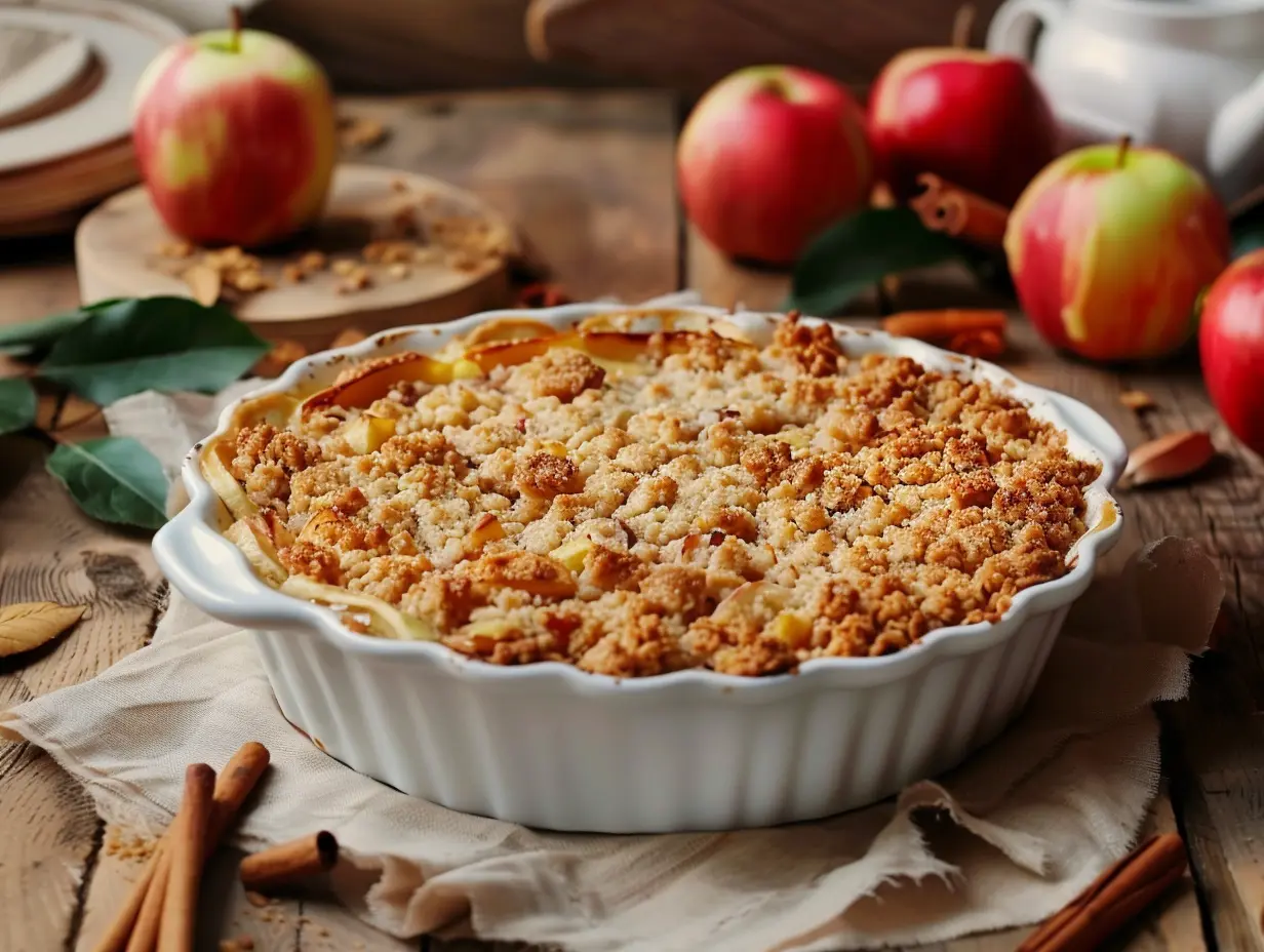 Smulpaj med äpplen serverad i en rustik form med gyllenbrun, krispig smuldeg och varma kaneldoftande äppelskivor.