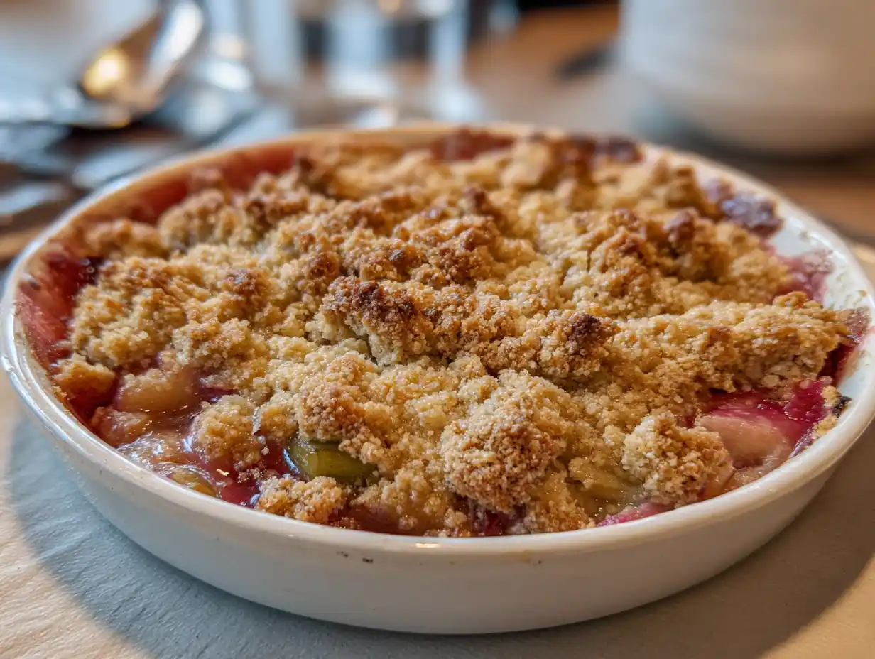 smulpaj med rabarber i enkel pajform med gyllene smulor och mjuk, syrlig rabarber som bubblar i kanten.