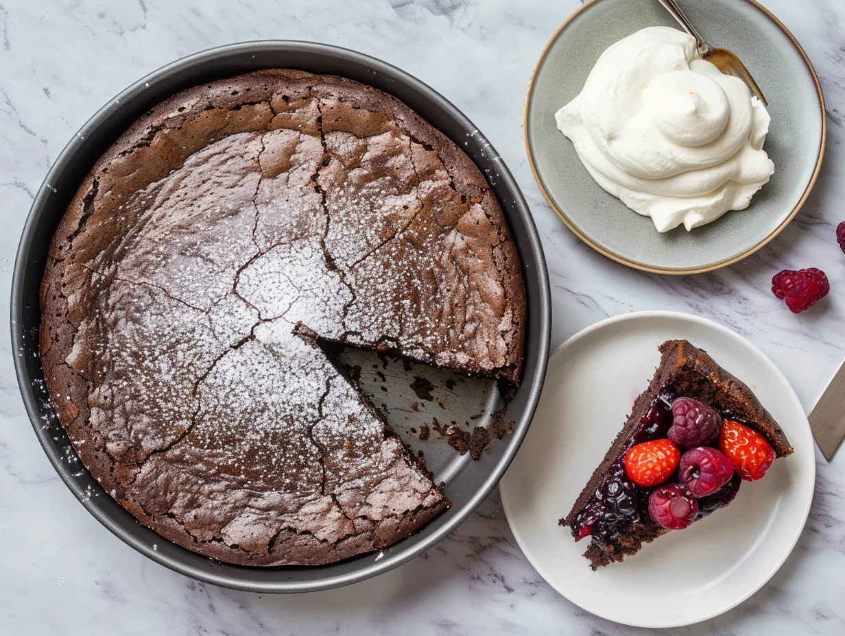 Snabb kladdkaka med kladdig mitt och tunn yta, skuren i bitar och serverad på fat till fika.