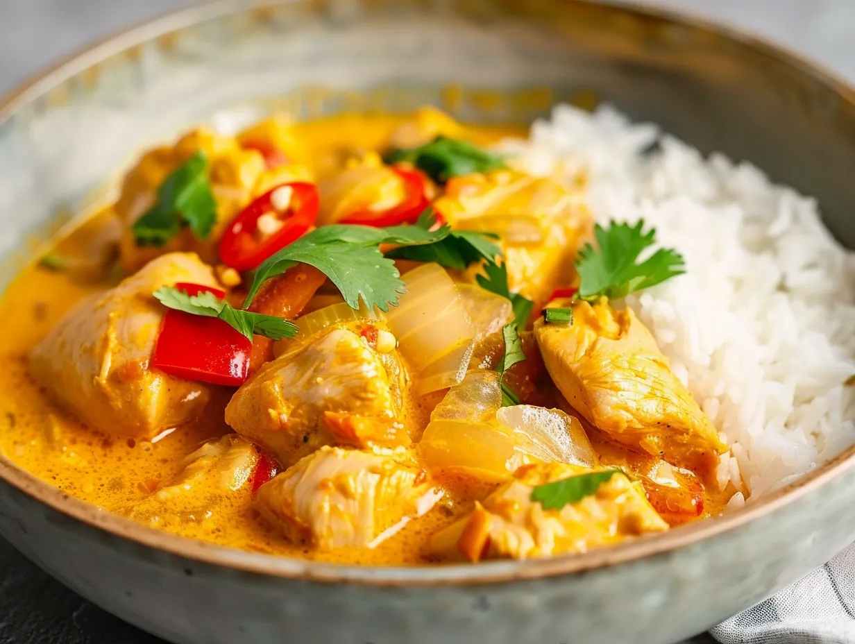 En mustig och gul snabb kycklinggryta med curry serverad i en skål med fluffigt ris och färsk koriander på toppen.