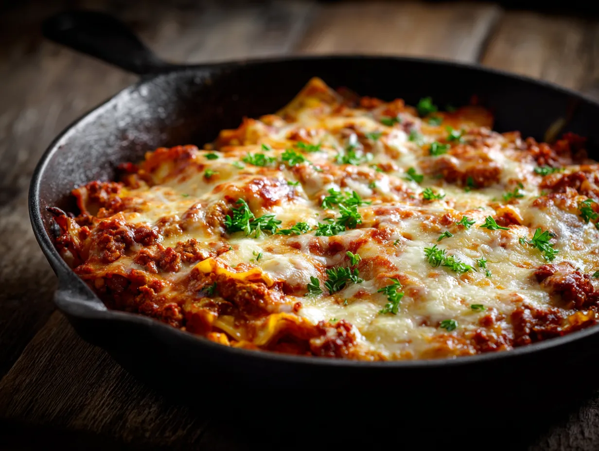 En rykande het stekpanna fylld med krämig snabb lasagne i stekpanna toppad med smält ost och färsk basilika.