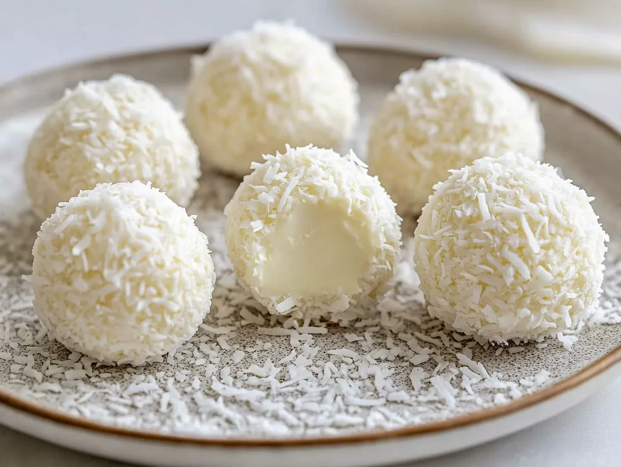 Ljuvliga snöbollar av vit choklad och lime rullade i rikligt med kokosflingar på ett vintrigt uppläggningsfat.