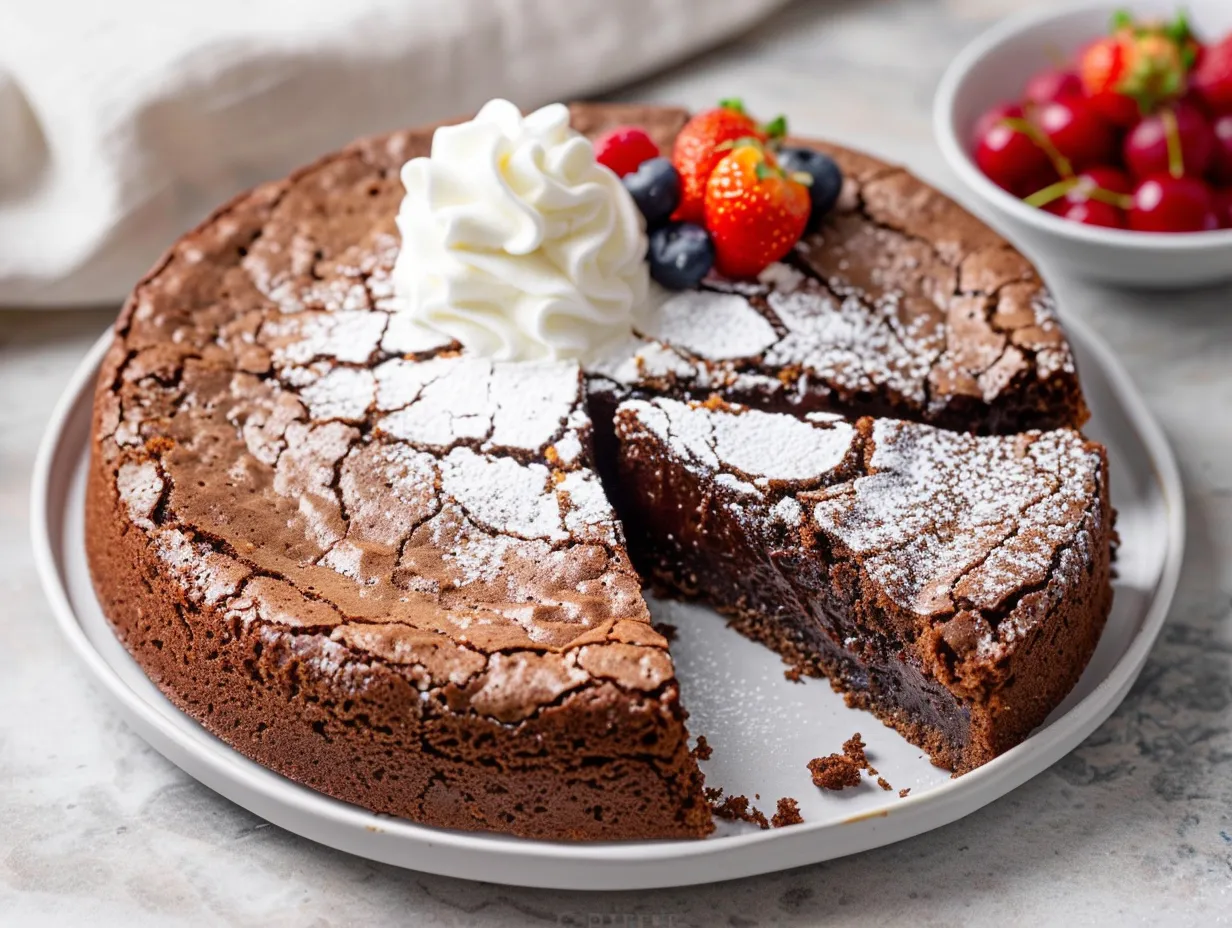 Sockerfri kladdkaka med fudgy chokladkärna i form, pudrad med kakao och skuren i bitar.