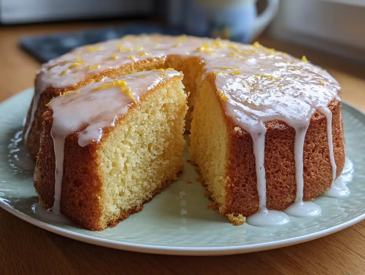 sockerkaka citron på fat med gyllene yta, mjuk smula och frisk doft av rivet citronskal.