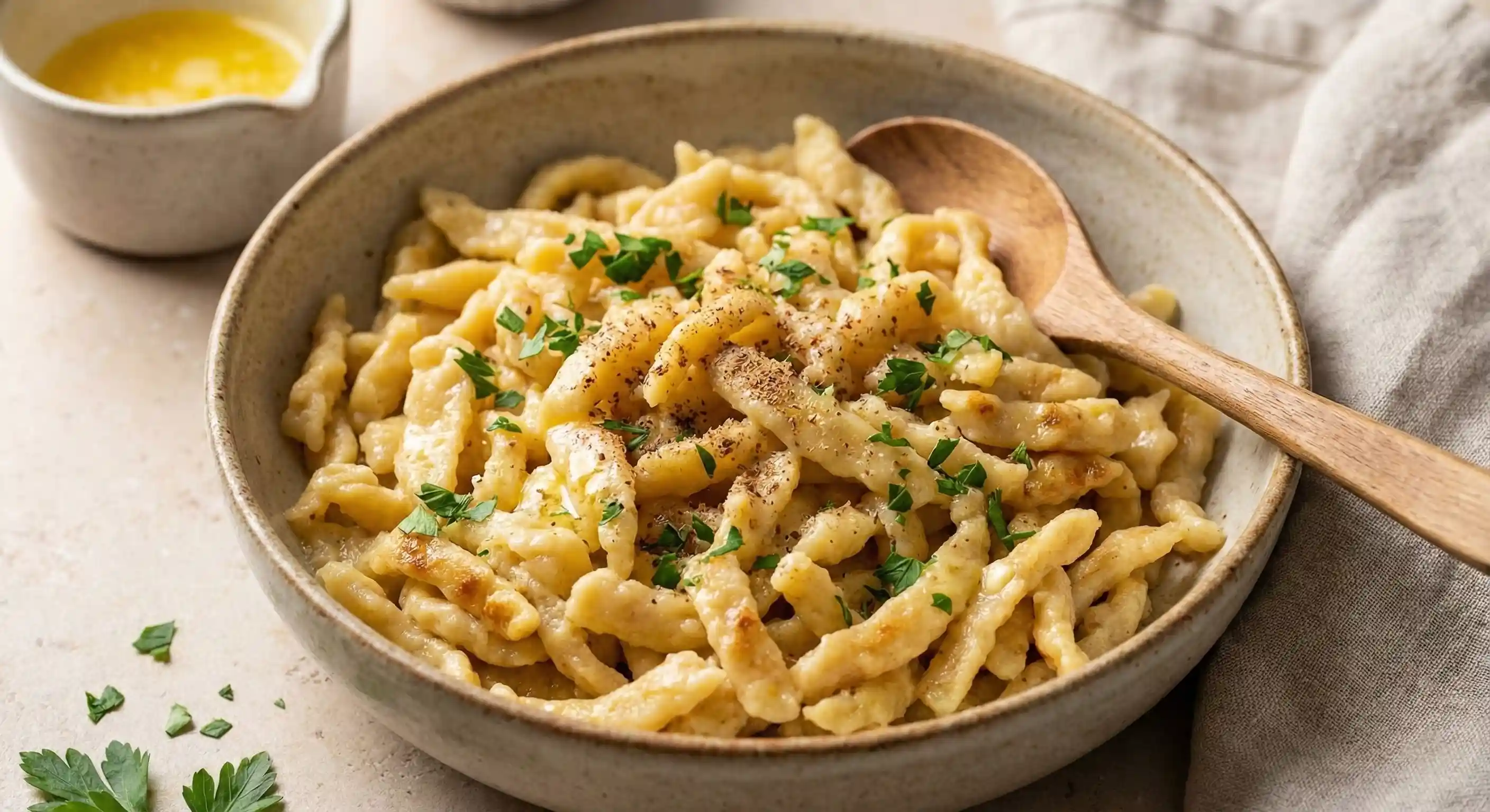 En rustik skål fylld med gyllengul Spätzle, toppad med smält smör och färska örter för en klassisk tysk matupplevelse.