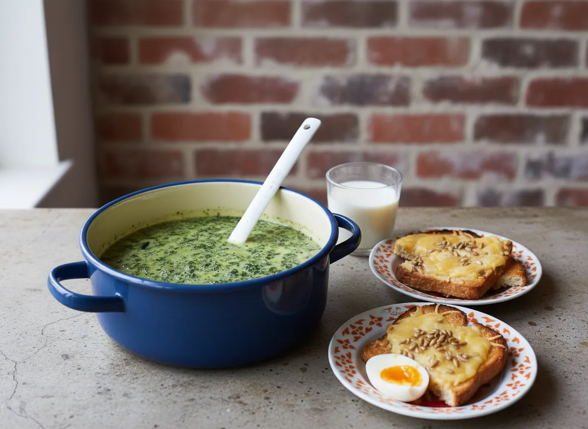 En krämig spenatsoppa serverad i en rustik skål med perfekt kokta ägghalvor och nymalen svartpeppar på toppen.