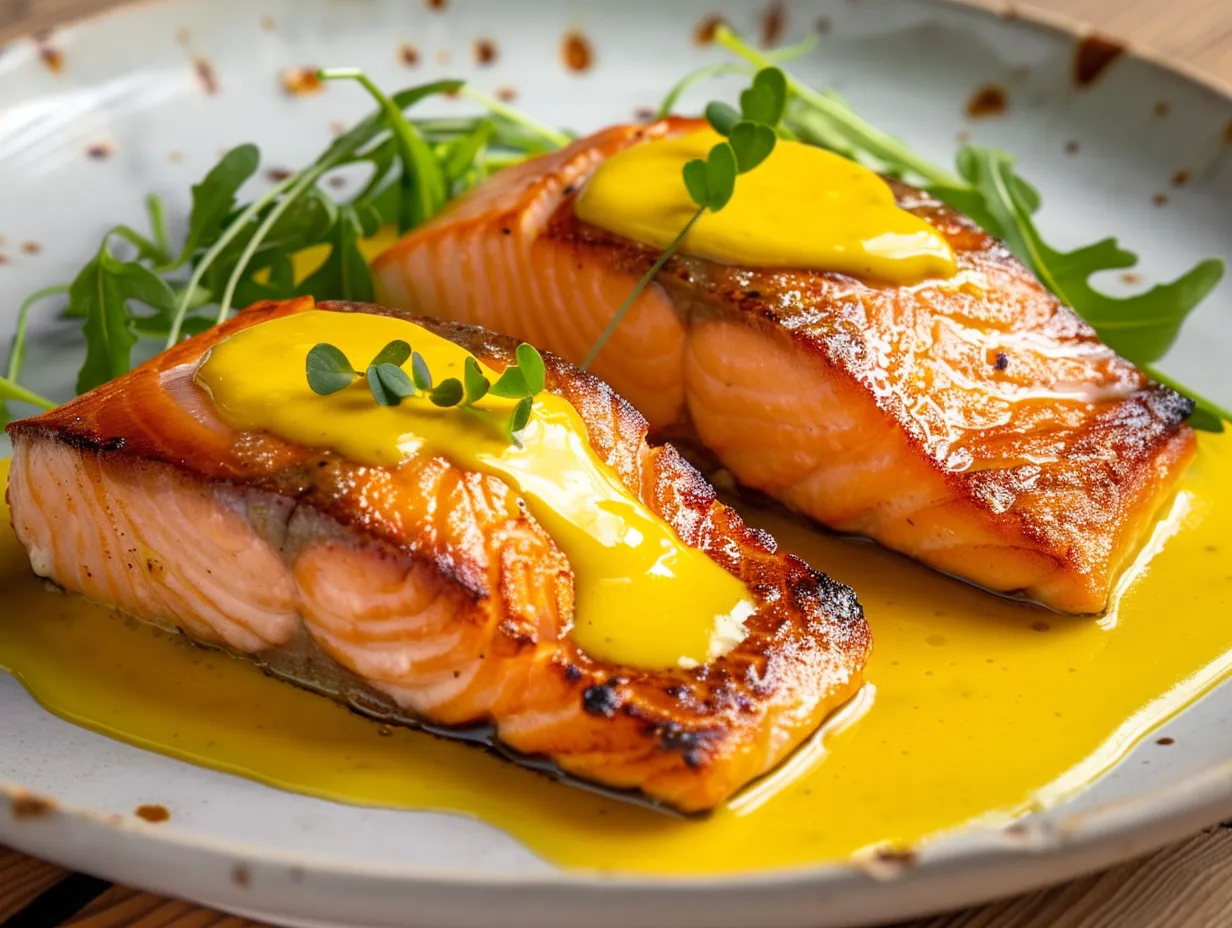 En vacker tallrik med perfekt stekt lax med hollandaisesås, serverad med kokt potatis, citron och dill.