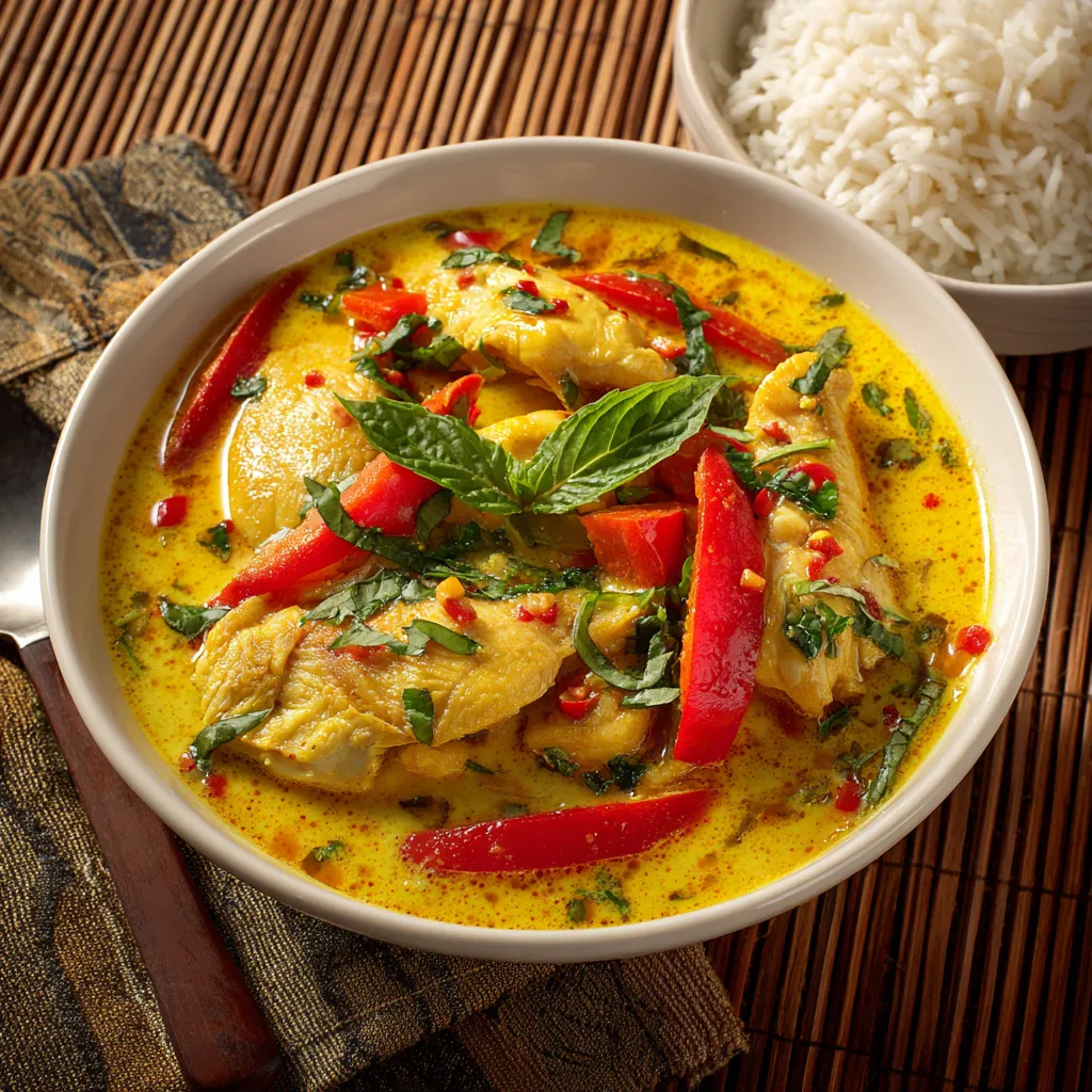 En mustig gryta med thai kyckling röd curry, toppad med färsk röd chili och limeblad serverad med ris.