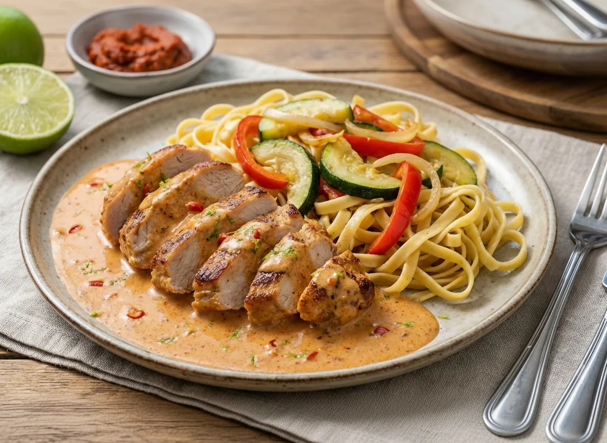 Thailändsk kalkonfilé serverad i krämig currysås med lime och chili.