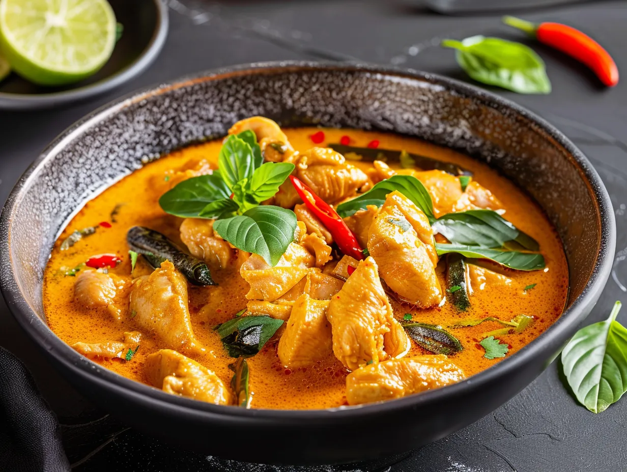 En rykande skål krämig thailändsk röd curry med kyckling, toppad med färsk koriander och röd chili bredvid jasminris.