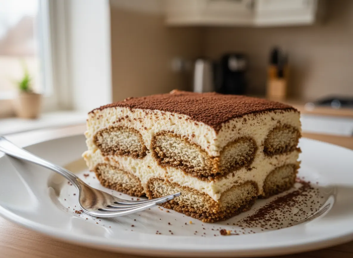 Ett klassiskt Tiramisu med tydliga lager av krämig mascarpone, kaffedoppade kex och pudrad kakao på en tallrik.