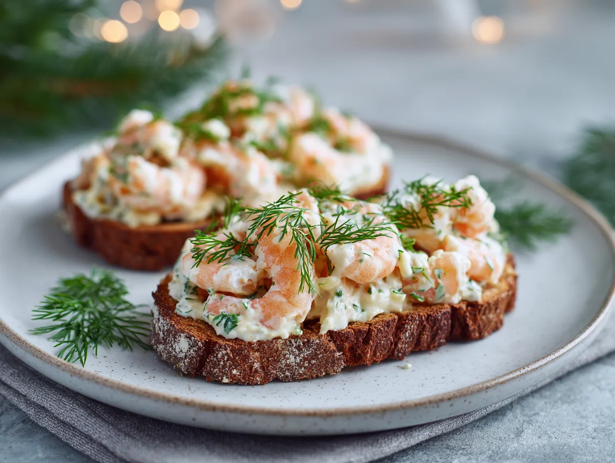 En lyxig Toast Skagen toppad med löjrom och dill serverad på smörstekt bröd.