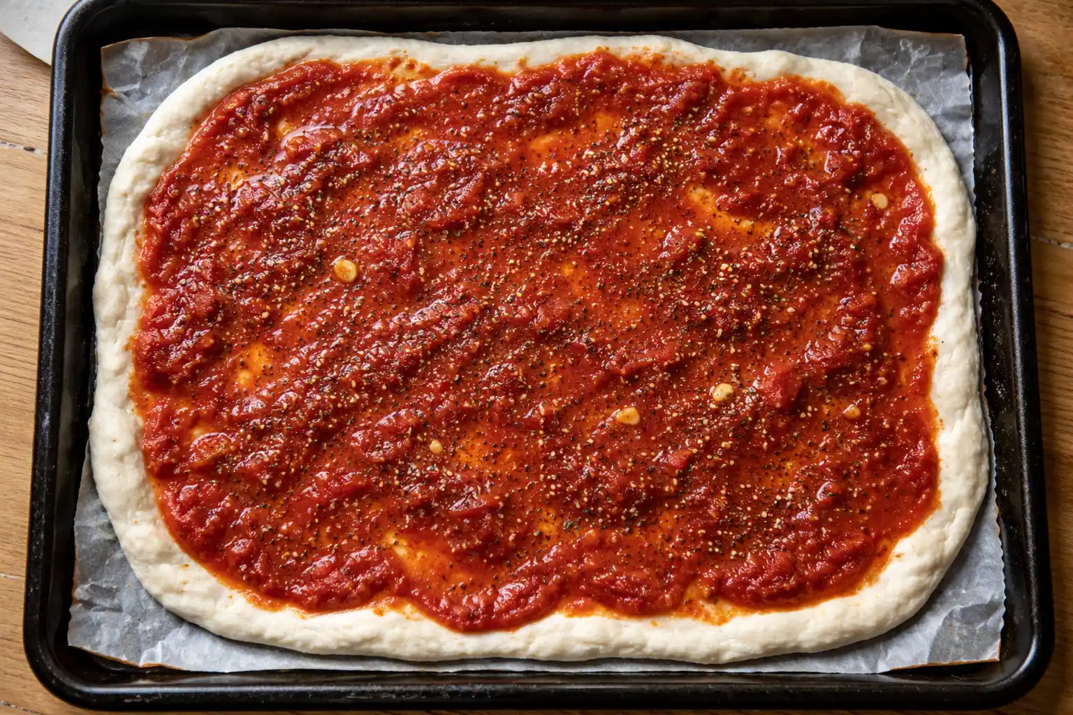 tomatsås till pizza i kastrull med krossade tomater, vitlök och oregano som puttrar tjock