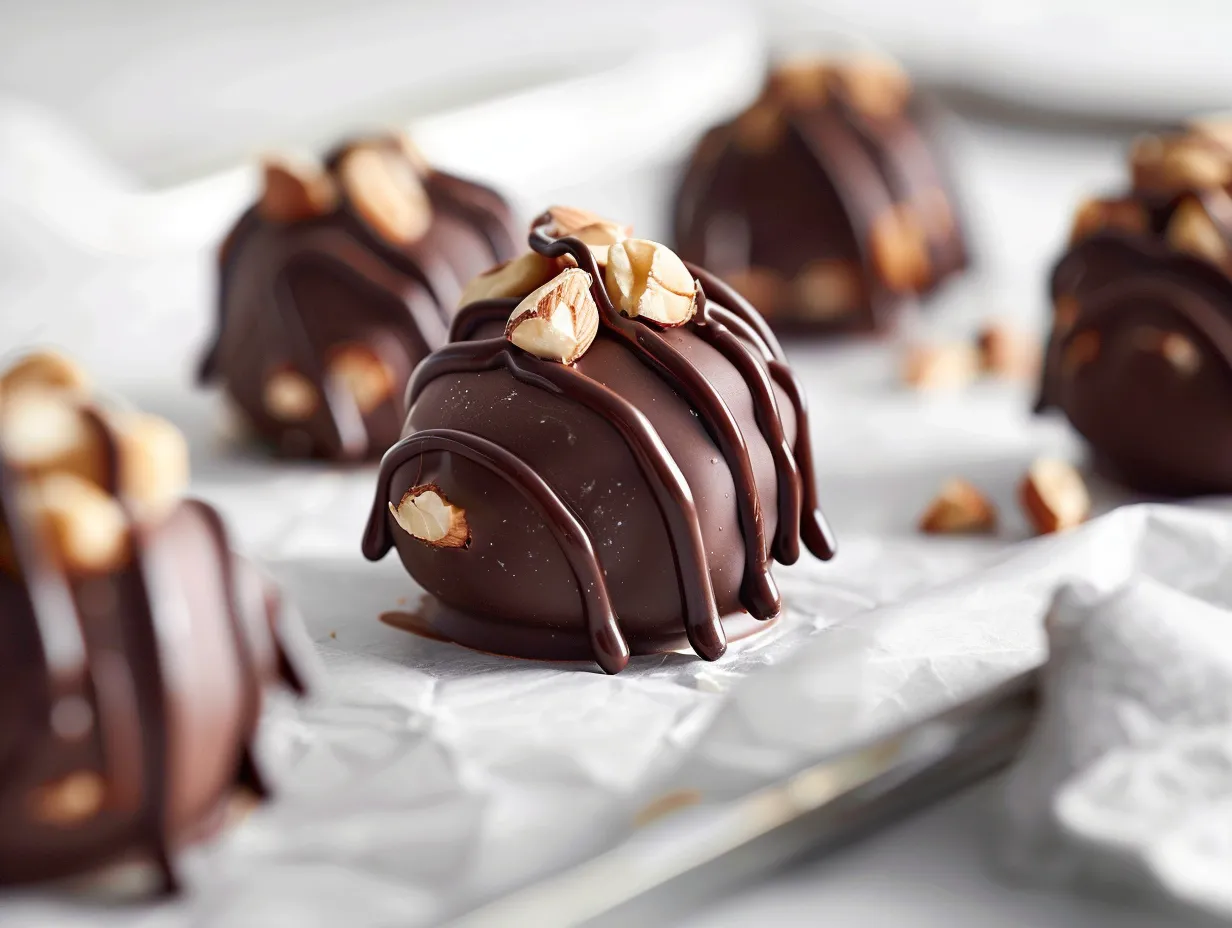 En närbild på en klassisk trillingnöt med glansig choklad och rostade hasselnötter på en bricka med mönster.
