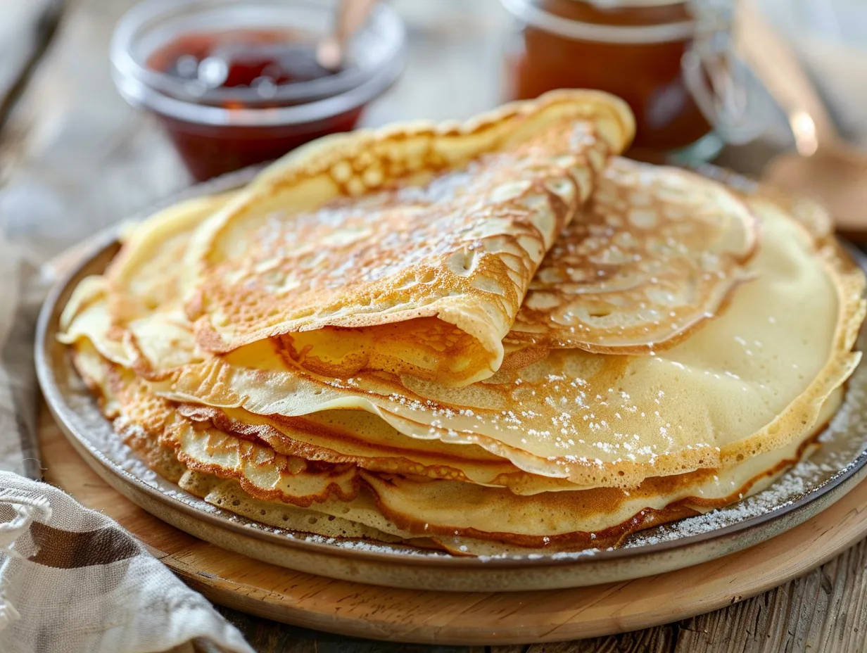 En hög stapel med gyllenbruna tunna pannkakor serverade på ett fat med jordgubbssylt och lättvispad grädde.