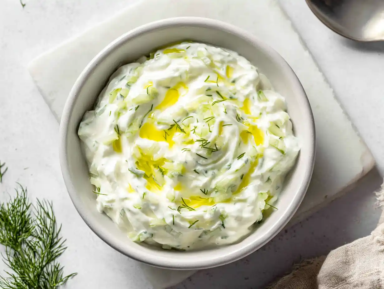 tzatziki creme fraiche i liten skål med riven gurka, dill och vitlök, krämig och kall på ljus bakgrund.