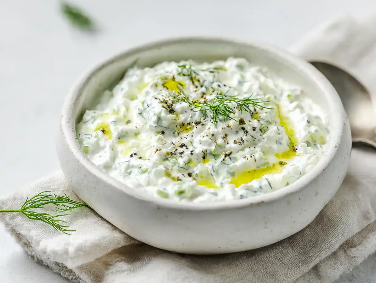tzatziki gräddfil i skål med riven gurka, dill och olivolja på ljus bakgrund.