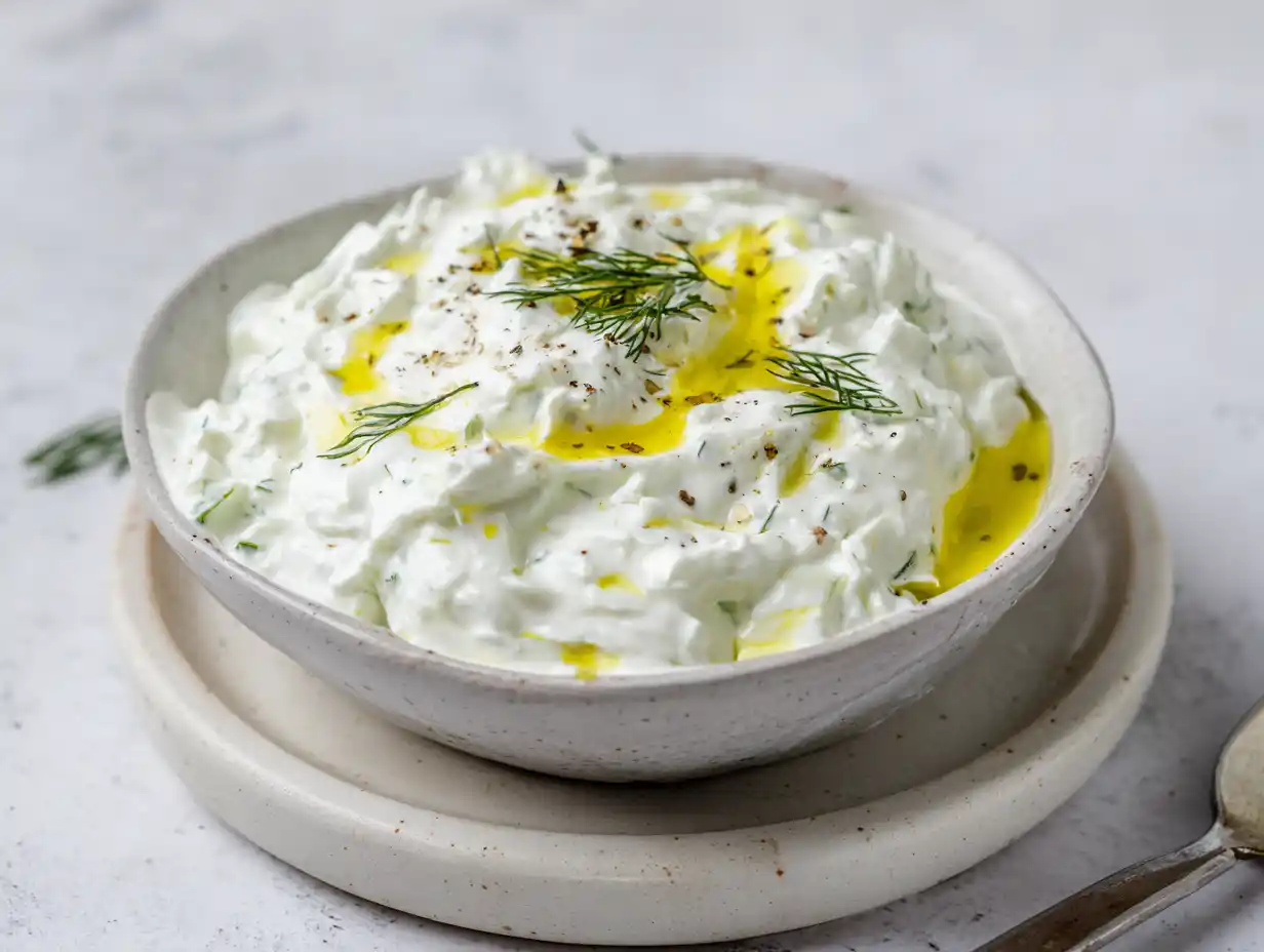 tzatziki turkisk yoghurt i liten skål, tjock och krämig med riven gurka, olivolja och dill på ljus bakgrund.