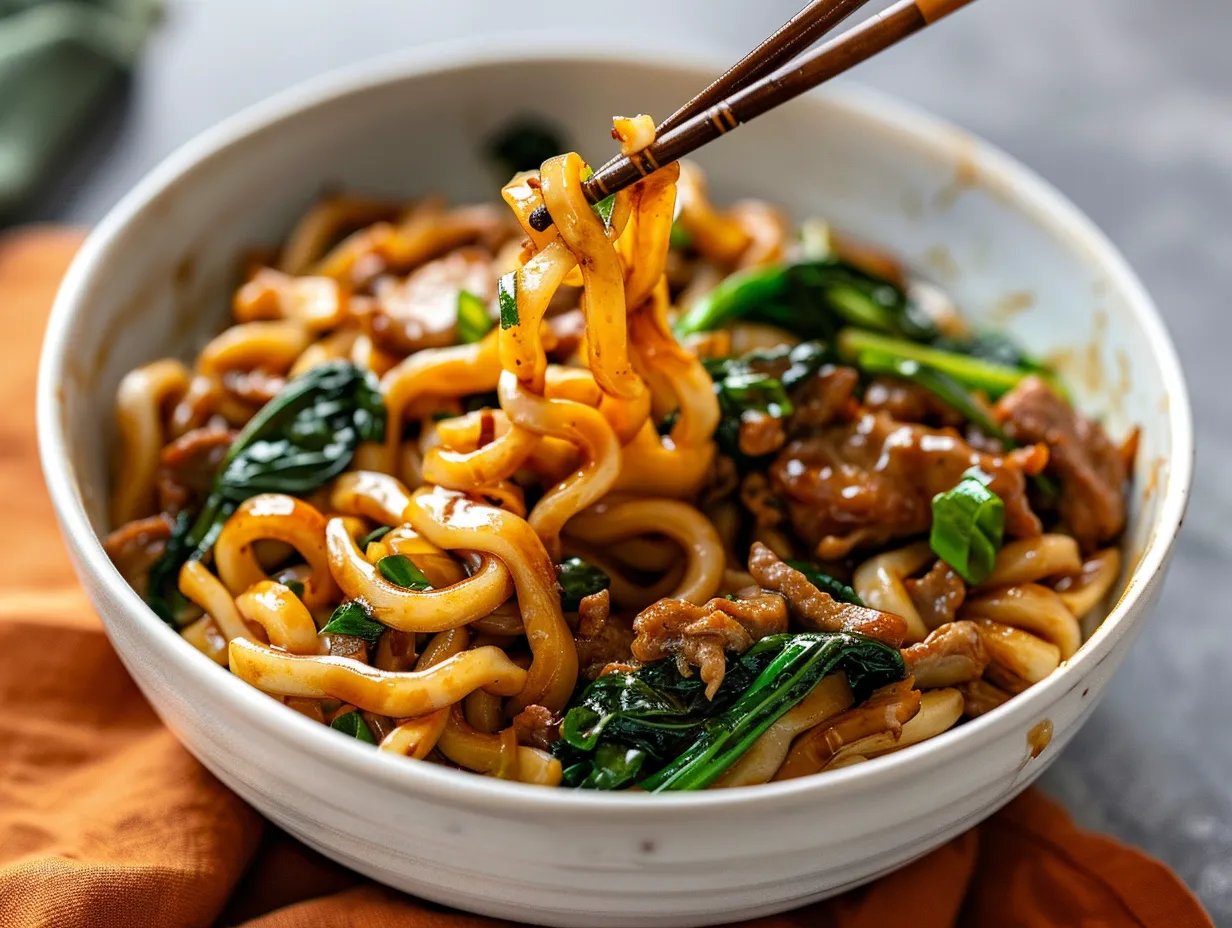 En rykande het tallrik med wokade udon nudlar, krispiga grönsaker och kyckling toppad med sesamfrön.