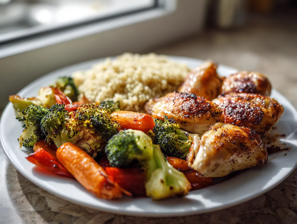 Mat för diabetiker typ 2 med ugnslax, broccoli, paprika och fullkorn på tallrik.