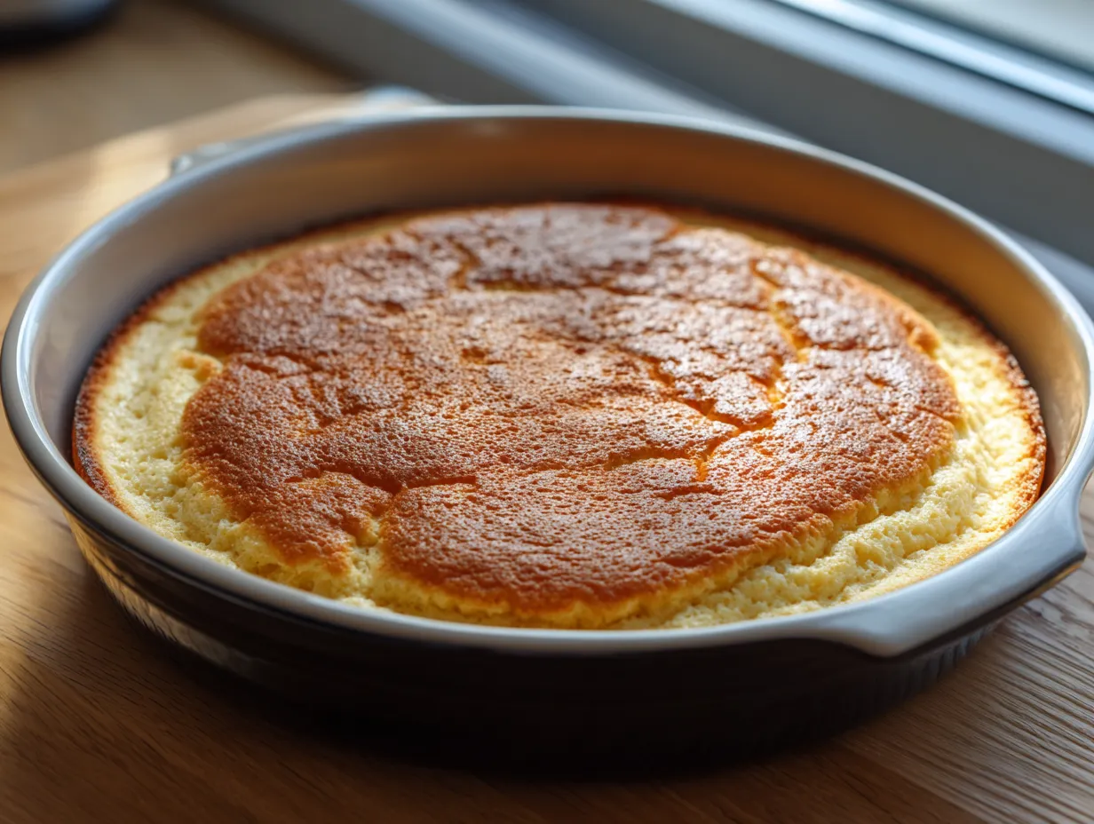 Gyllene ugnspannkaka i långpanna serverad med lingonsylt på en tallrik.