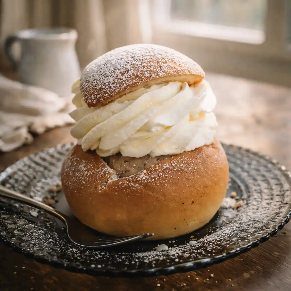 Världens godaste semlor med kardemummabulle, mandelfyllning och spritsad grädde, pudrade med florsocker på ett fat.