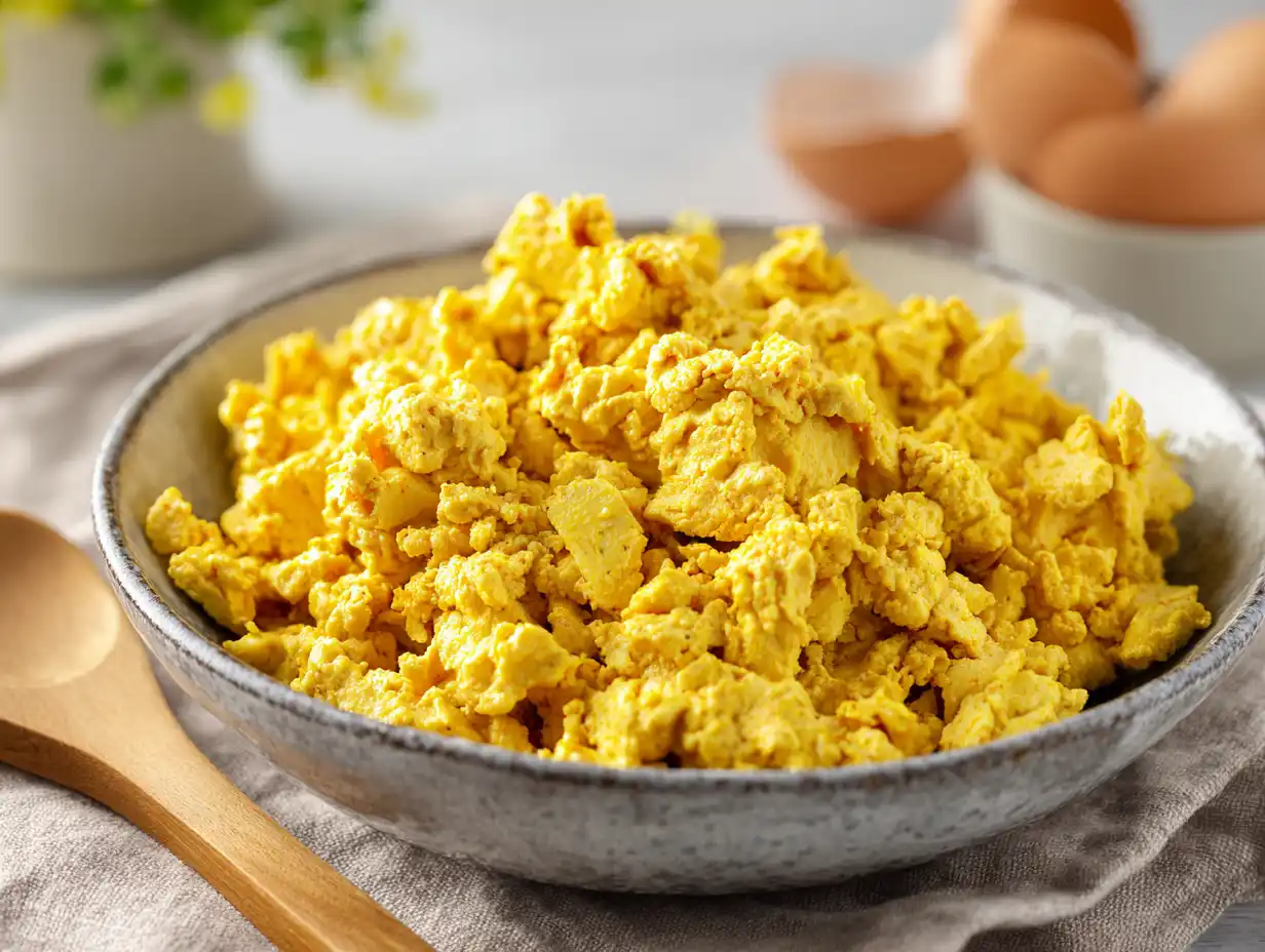 Vegansk äggröra på tofu med gul färg från gurkmeja och krämig konsistens i stekpanna.