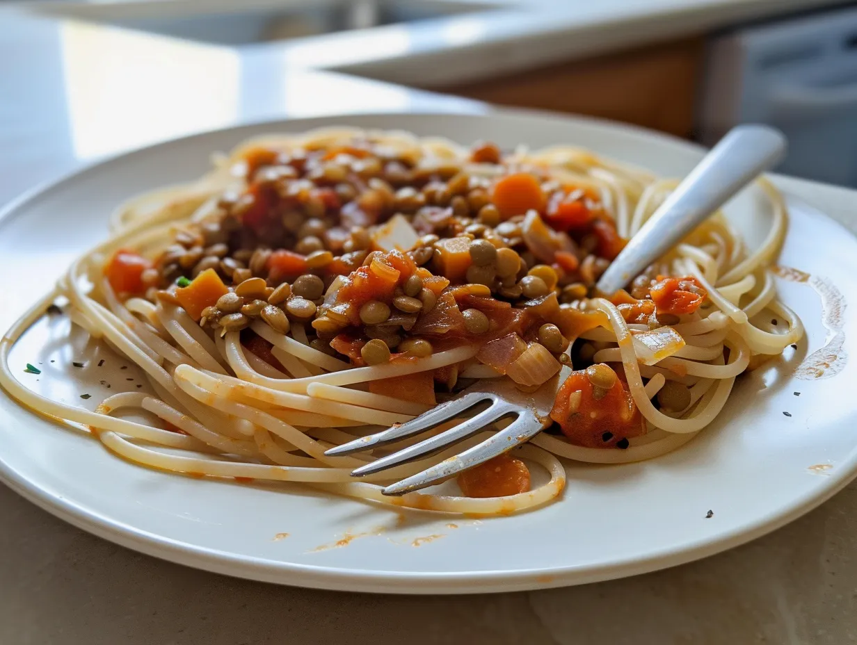 Vegetarisk bolognese med linser och tomatsås serverad med spaghetti och parmesan