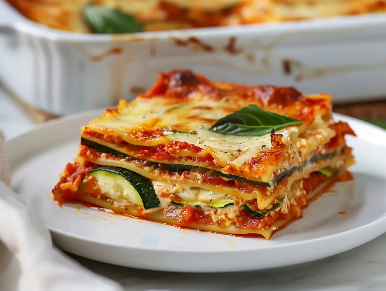 En rykande varm vegetarisk lasagne zucchini med gyllene osttäcke och färska örter serverad i en ugnsform.