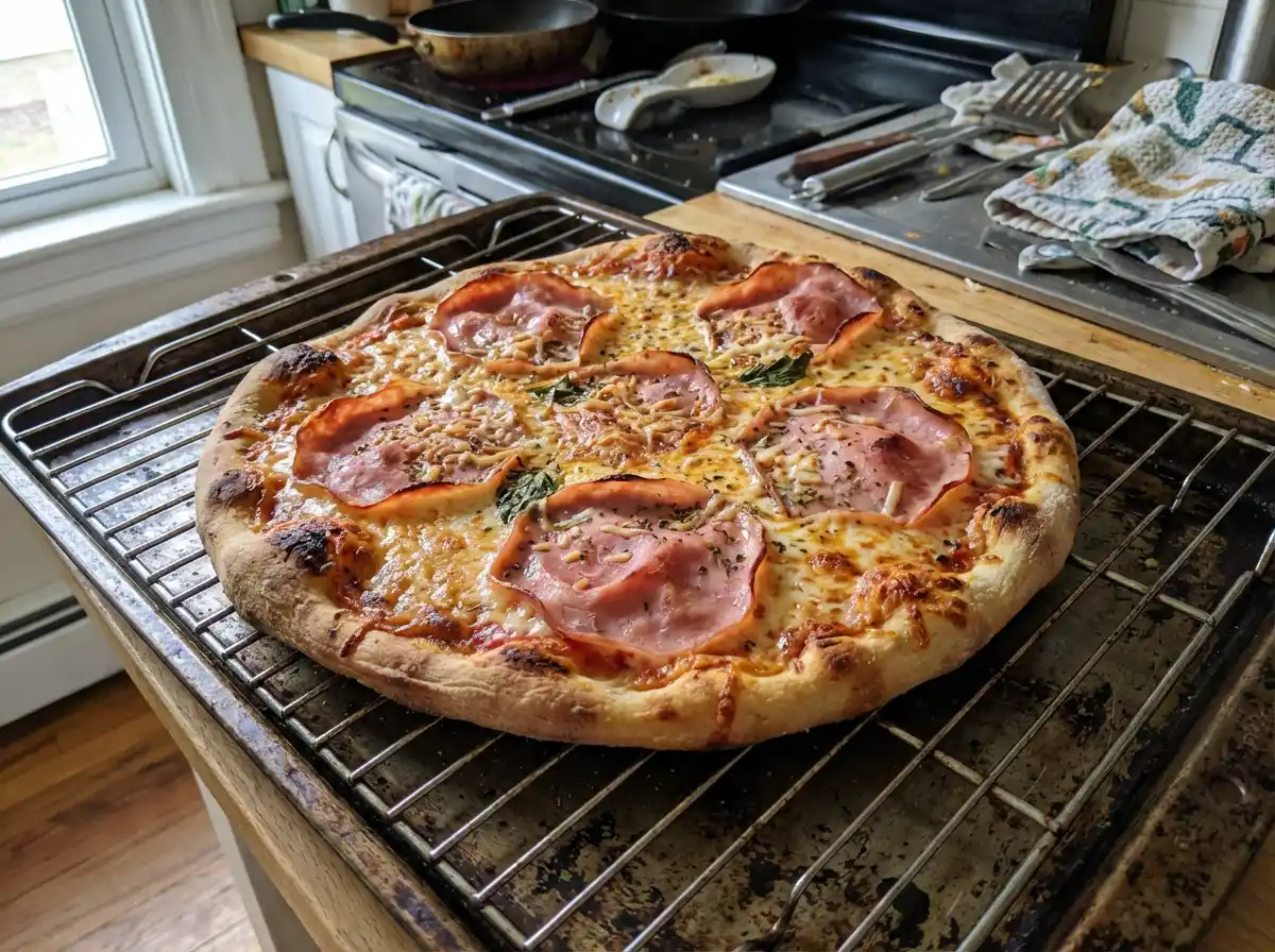 vesuvio pizza med tomatsås, smält riven ost och tunna skinkskivor, gräddad gyllene i ugn