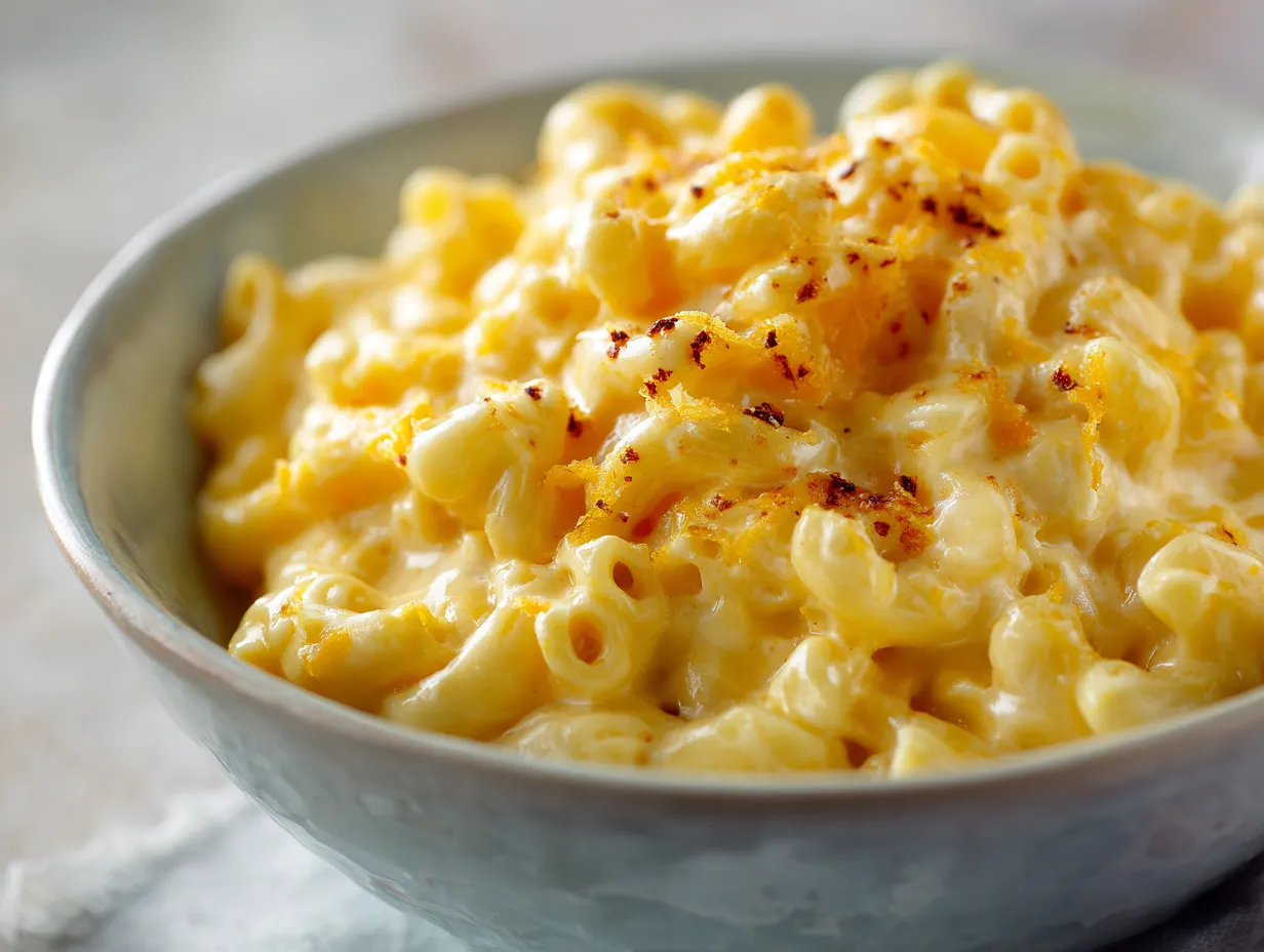 Amerikansk mac and cheese med krämig ostsås och gyllene gratinerad topping i ugn.