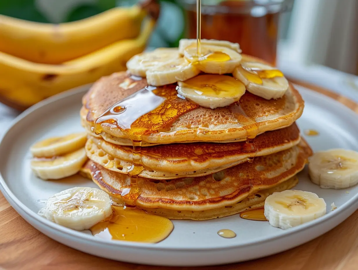 Amerikanska pannkakor med banan i hög stapel med lönnsirap och bär på ett frukostfat.