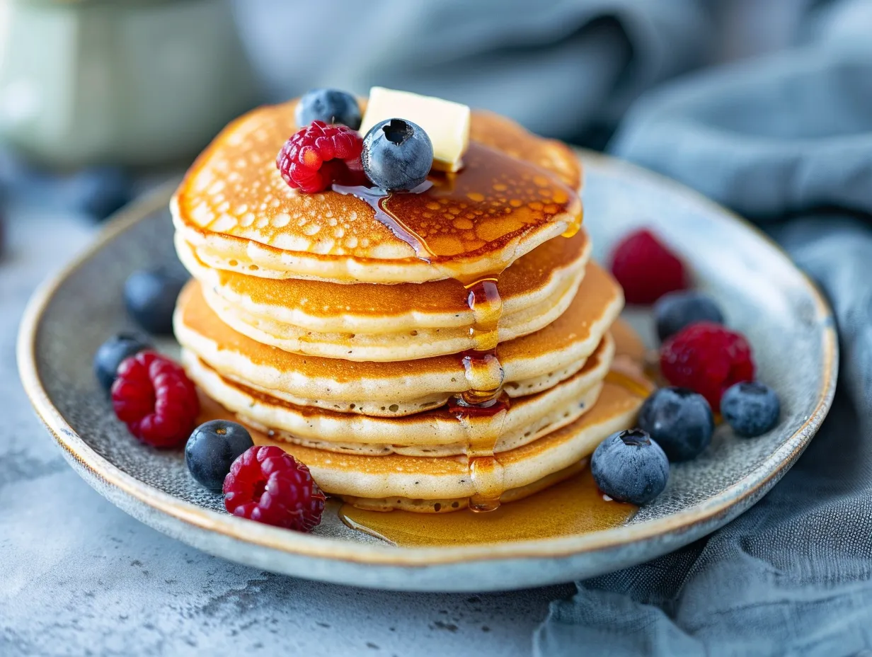 Små amerikanska pannkakor i miniformat med smör, lönnsirap och bär på brunchbord.