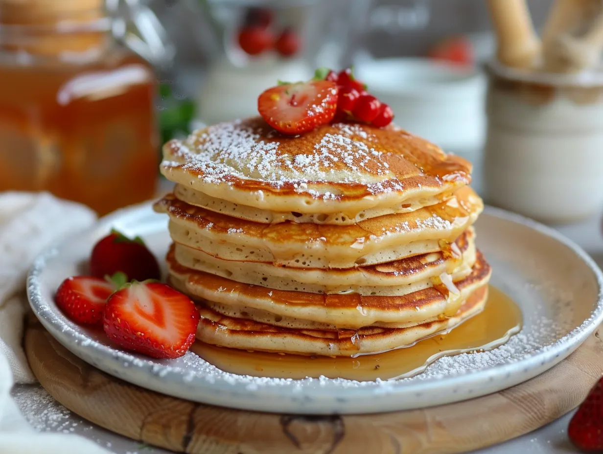 En hög stapel med gyllenbruna amerikanska pannkakor vegan toppade med lönnsirap och färska blåbär.