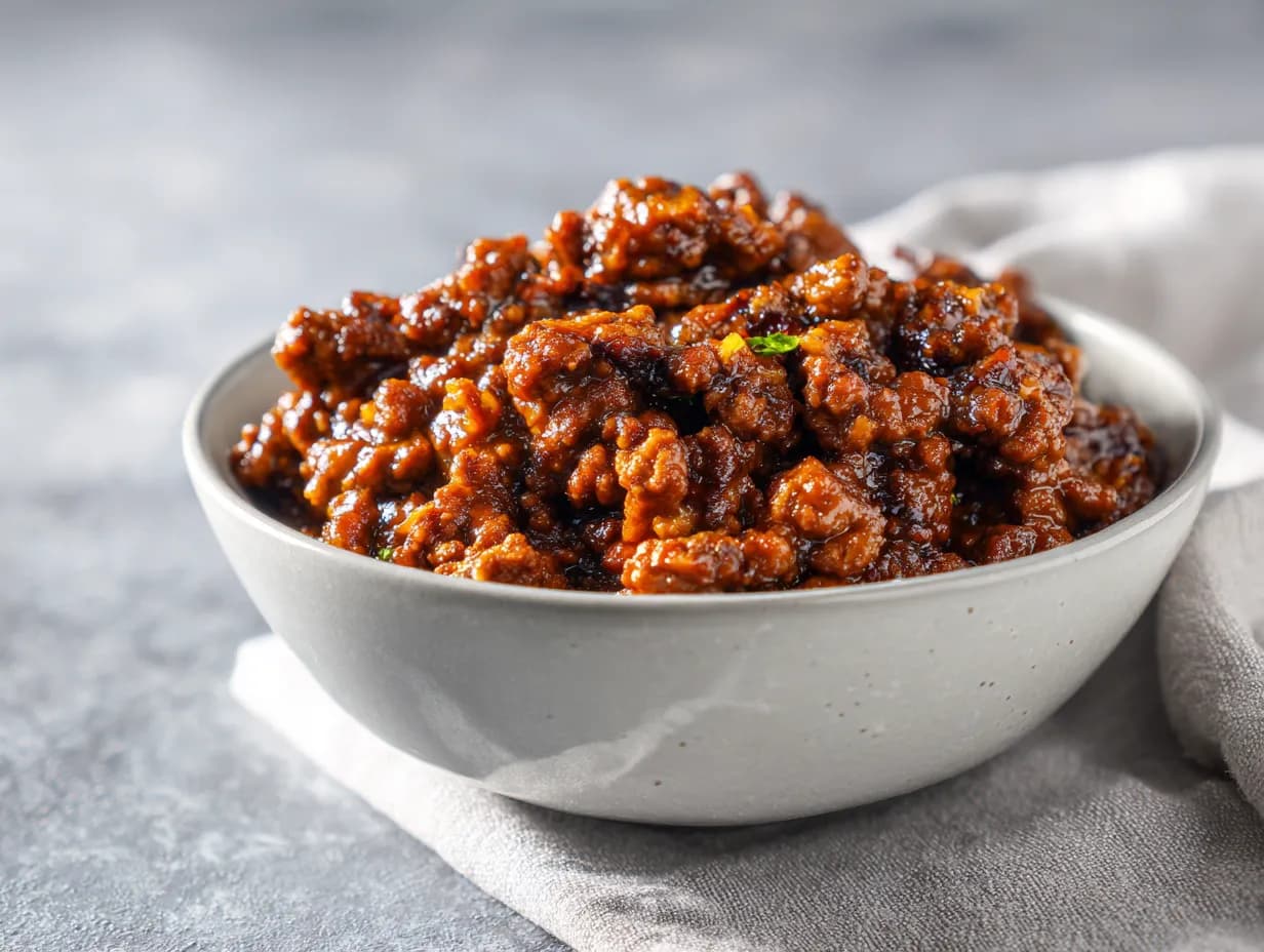 En skål med annorlunda köttfärs smaksatt med soja och ingefära serverad med ris.