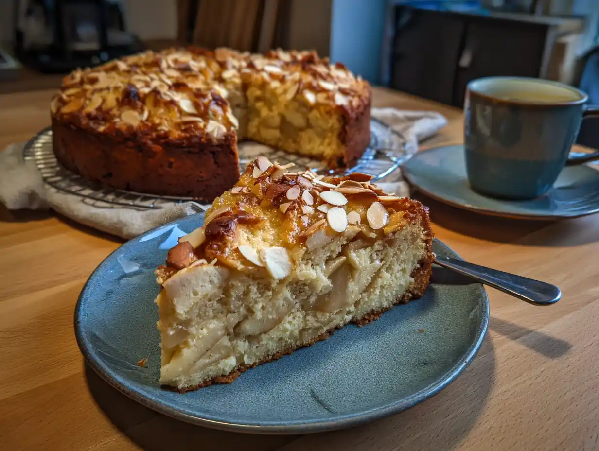 Äppelkaka med mandelmassa på fat, krämig yta med äppelklyftor och mandelspån