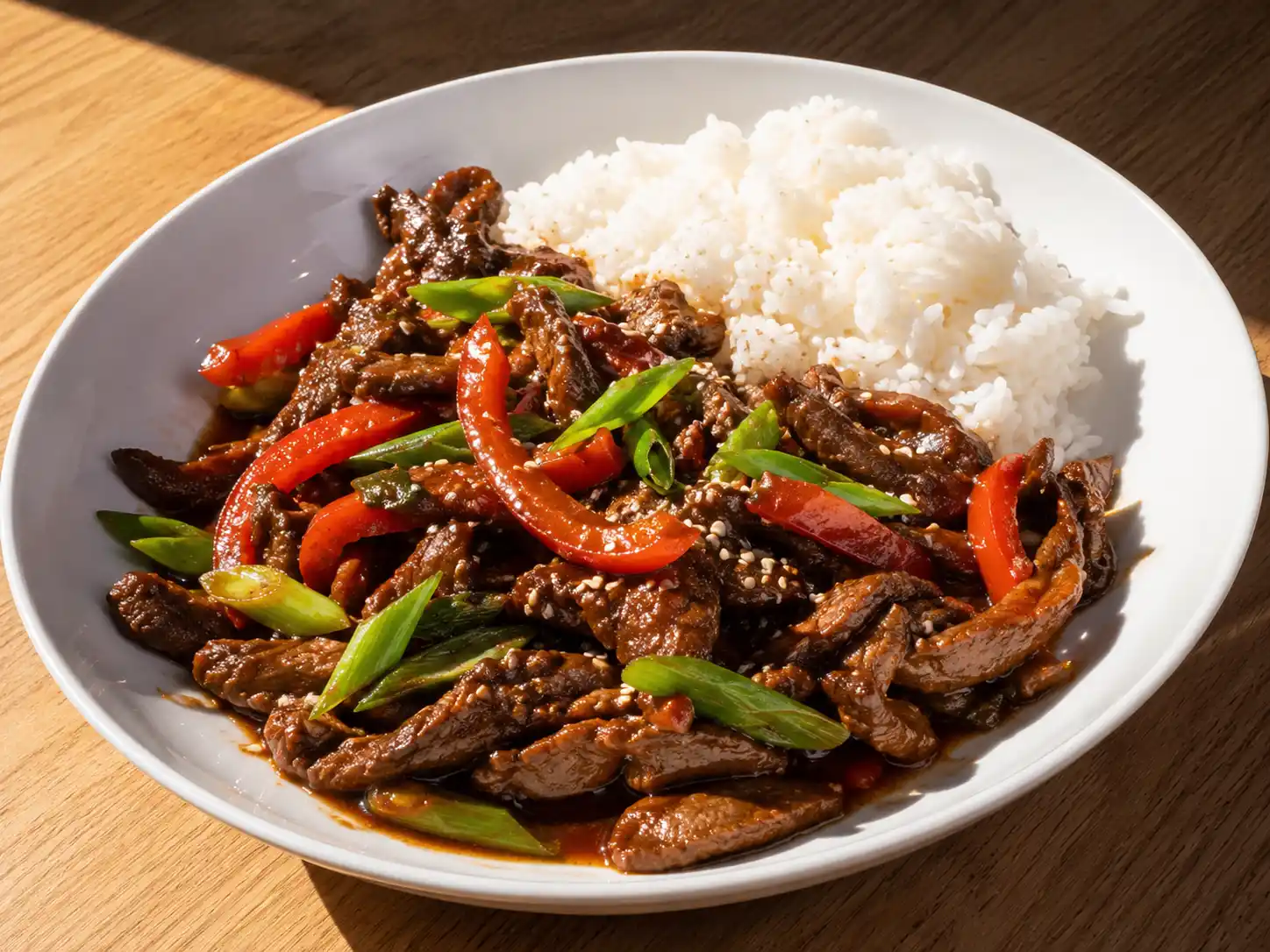 asiatisk biff i blank sojasås med paprika, salladslök och sesamfrön på en enkel tallrik
