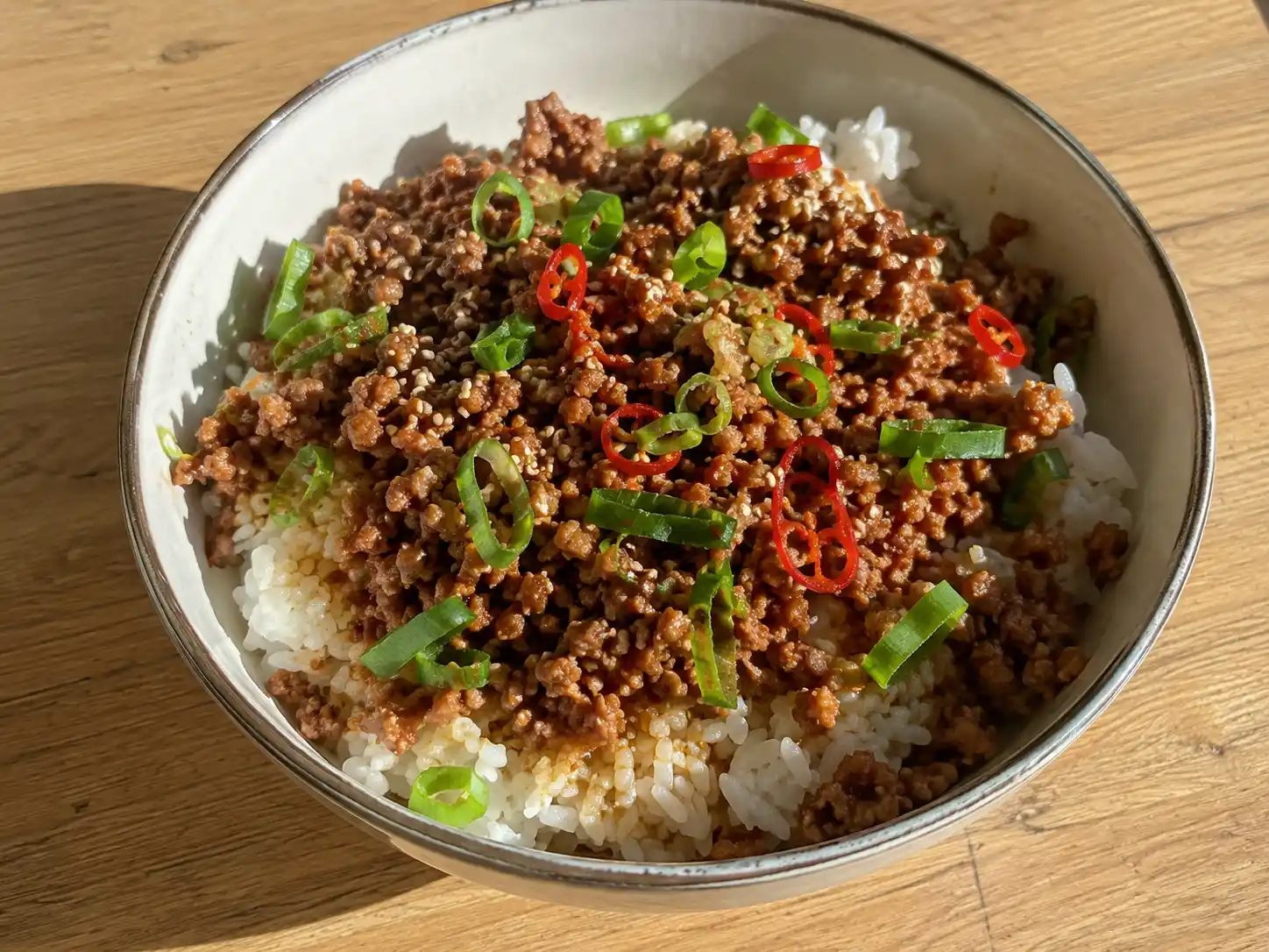 asiatisk fläskfärs med ris, salladslök och blank sojasås i en enkel djup tallrik