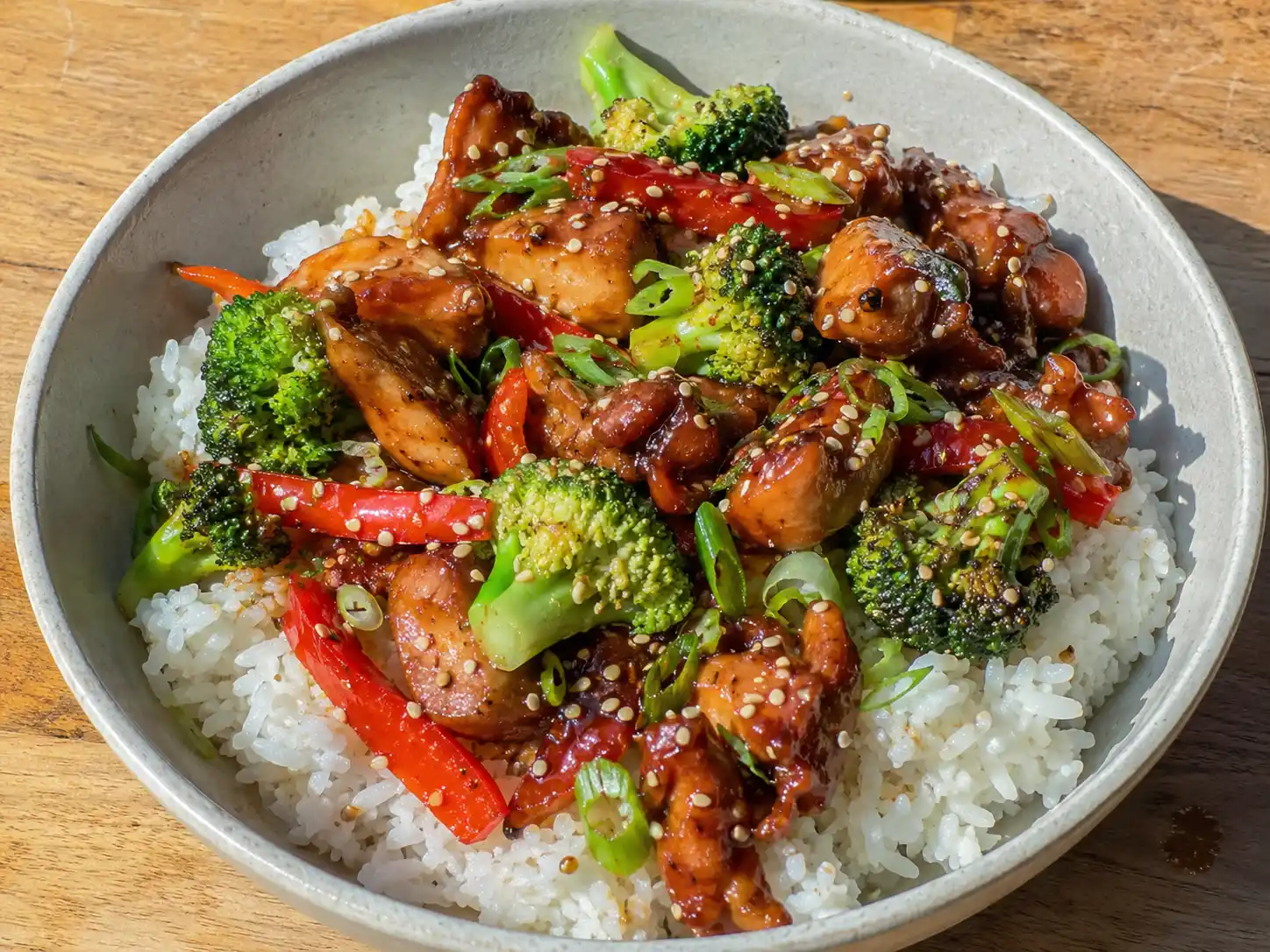 asiatisk kyckling recept med glansig sojasås, ris, lime, salladslök och rostade sesamfrön