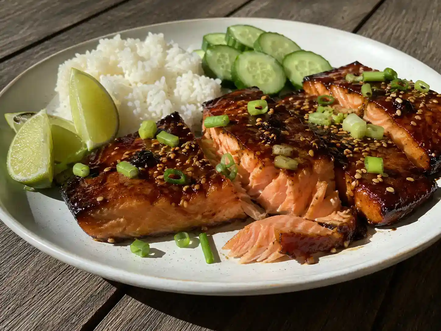 asiatisk marinad lax med blank sojayta, sesamfrön, salladslök, lime och nykokt jasminris