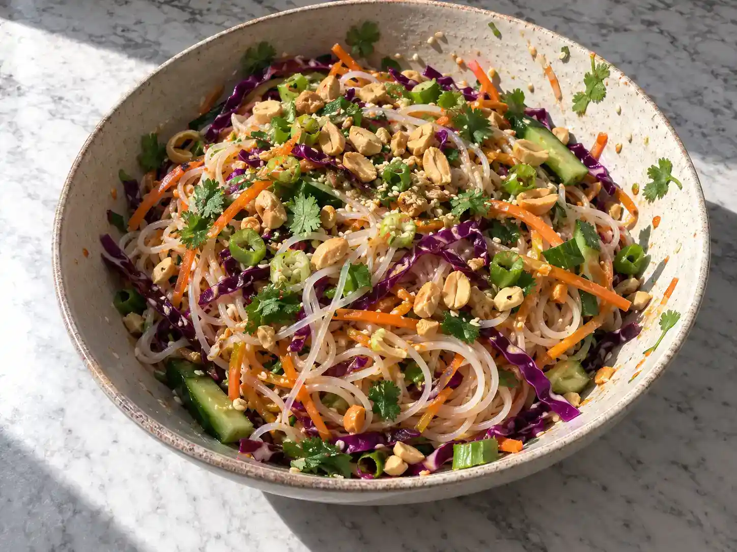 asiatisk nudelsallad med risnudlar, rödkål, morot, gurka, salladslök och grovhackade jordnötter