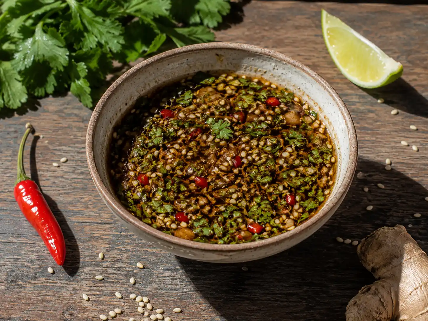 asiatisk salladsdressing i liten skål med lime, sesamfrön, chili och färsk koriander bredvid