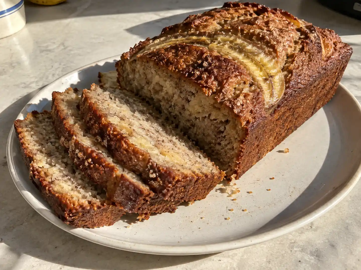 bananbröd i skivor med gyllene yta, synlig banan på toppen och mjuk, saftig smula på en enkel tallrik