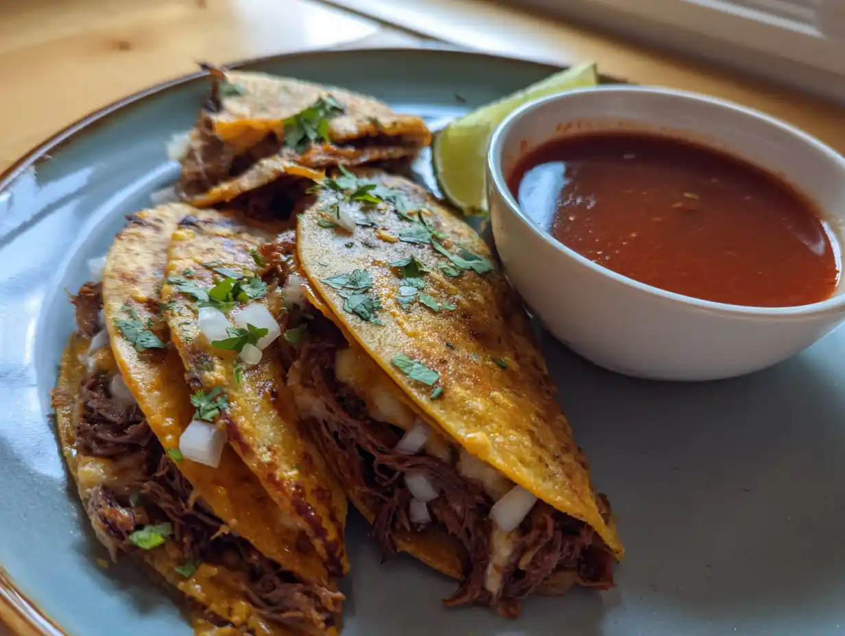birria tacos på tallrik med frasiga tortillas, smält ost, strimlat kött och en skål varm consommé bredvid.