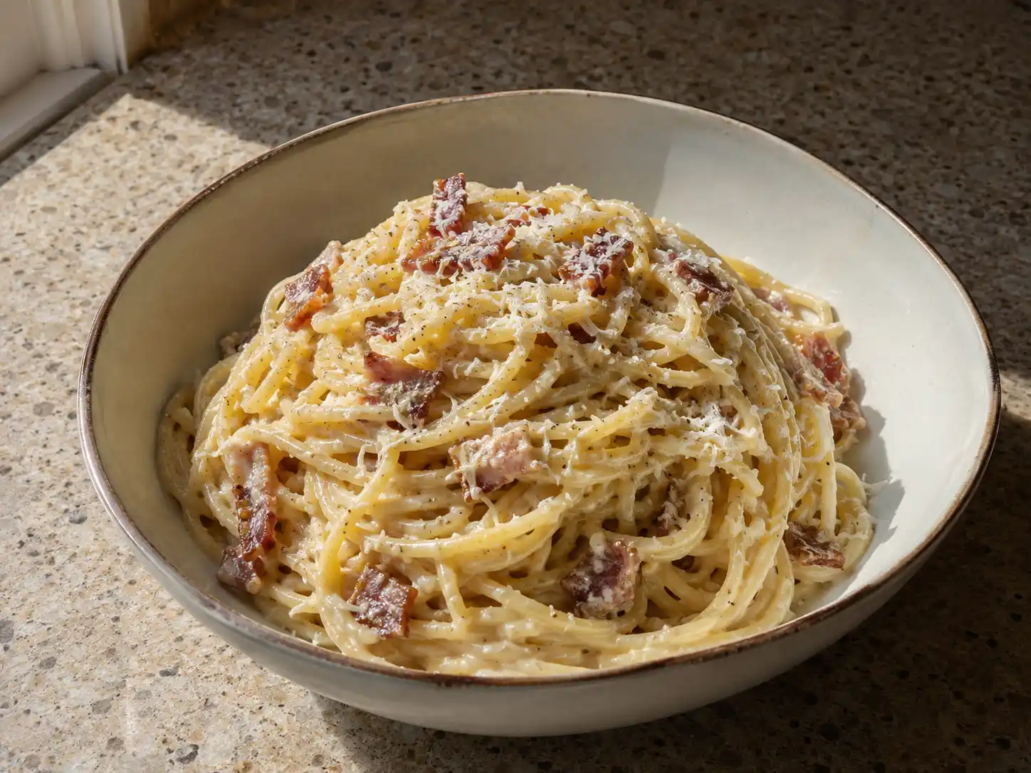 carbonara utan ägg med krämig spaghetti, bacon, parmesan och svartpeppar i en djup tallrik