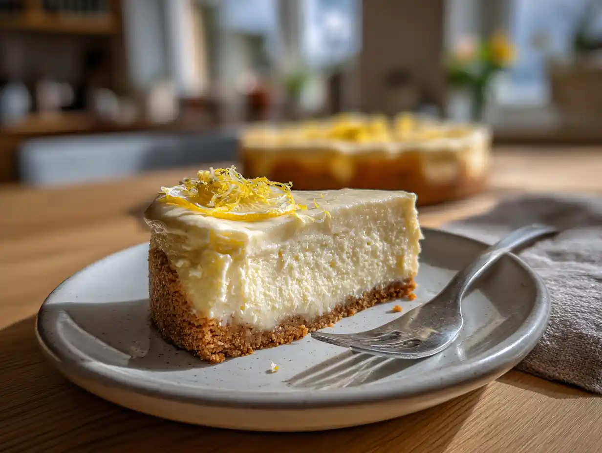En skiva cheesecake citron med krämig fyllning och tunn citronskiva på toppen, serverad på vit tallrik.