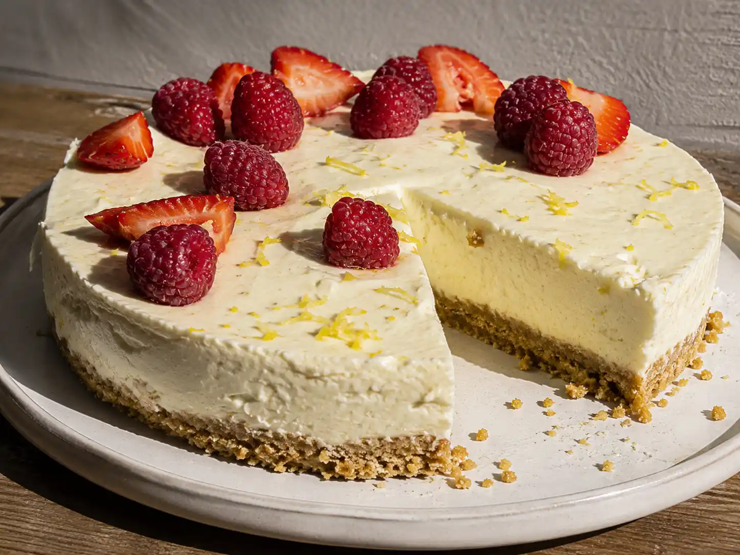 Cheesecake utan gelatin med krämig vaniljfyllning, spröd digestivebotten, citron och färska bär