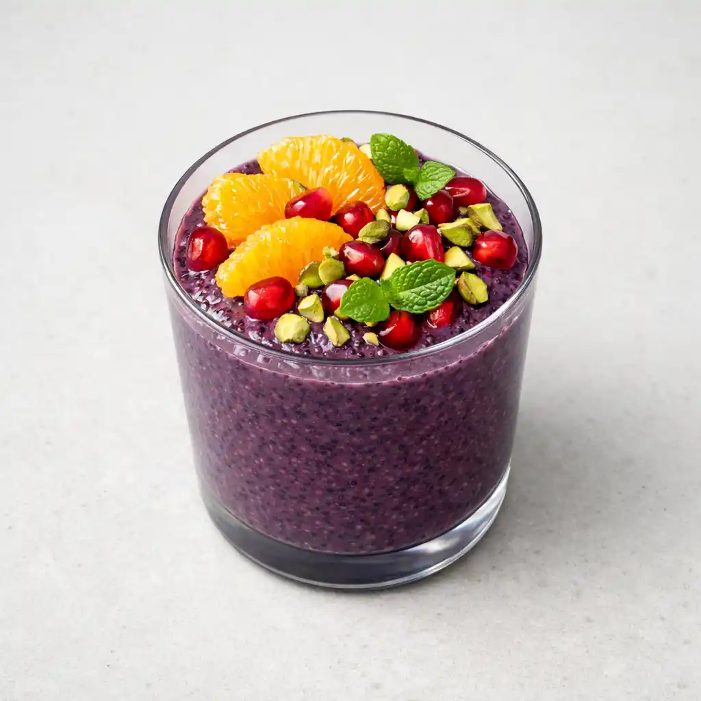 Chiapudding med blåbär och krämig lila bas toppad med apelsinsallad och pistagenötter