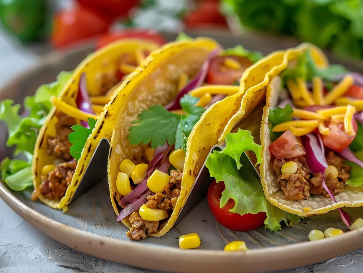 En färgstark chili kycklingfärs tacos fylld med saftig färs, riven ost och färska grönsaker serverad på ett rustikt träbord.