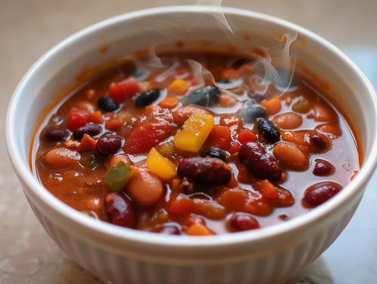 Chili sin carne med bönor och paprika i en mustig tomatbaserad gryta